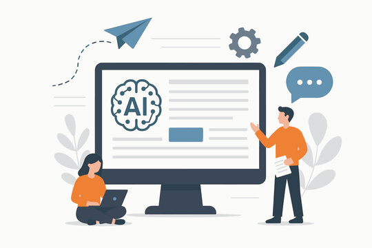 AI writing assistant for content creation and business copywriting. People using artificial intelligence technology for marketing automation. Chatbot machine learning concept vector.