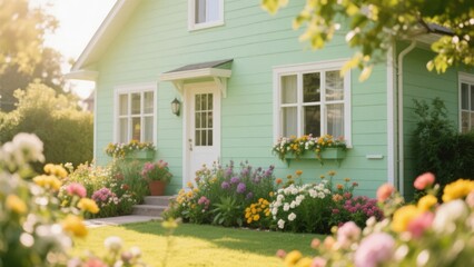 Sunny green house with blooming flowers, warm summer charm
