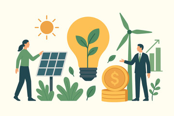 Green energy investment concept. Sustainable business with renewable power sources like solar panels and wind turbines. Financial growth and eco-friendly technology for the future.