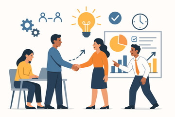 Teamwork and partnership concept illustration. Business people collaborating on a project. Handshake for successful deal. Idea, strategy, and data analysis for company growth.