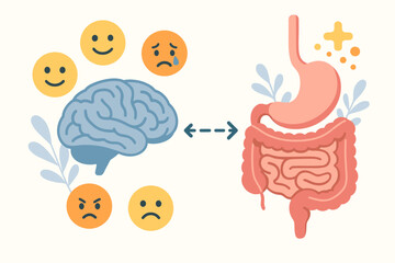 Gut-brain axis concept. Connection between healthy digestion and mental health. Intestines influencing mood and emotions. Psychology, wellness, and gut microbiome vector art.
