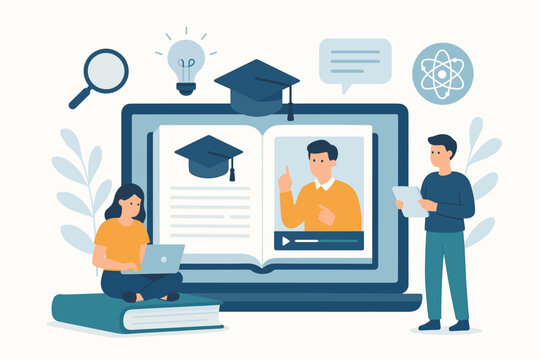 Online education, e-learning concept with students. Digital class, webinar on laptop with teacher. Distance learning, online course, university study, graduation, knowledge concept.