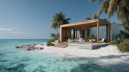 Cozy boho surfer bungalow on the shore of the turquoise ocean, beautiful traveling background, beach summer vacations, scenic idyllic sea landscape