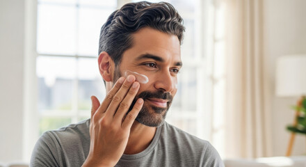 Mid-adult multiethnic man applying face cream. Men's skincare, beauty routine. Morning grooming, self care. Healthy skin, anti-aging cosmetic product. Hydration, daily ritual at home.