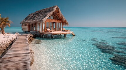 Cozy bungalow on the shore of the turquoise ocean water, beautiful traveling background, beach summer vacations, scenic idyllic sea landscape