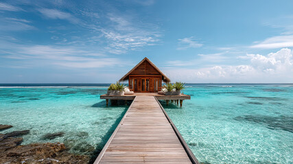 Cozy bungalow on the shore of the turquoise ocean water, beautiful traveling background, beach summer vacations, scenic idyllic sea landscape
