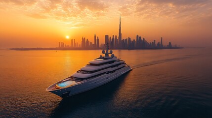 Luxury yacht at sunset on city background