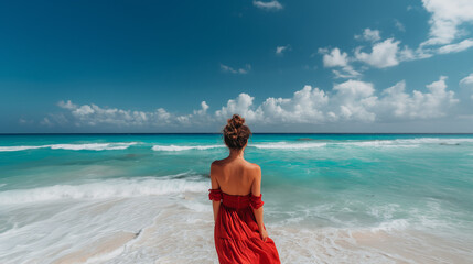 Back of young woman traveler wearing red dress against the background of crystal turquoise ocean water on tropical island coast, enjoy beach vacations and traveling to scenic beautiful destinations