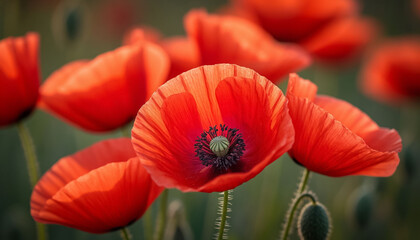 Red poppies close-up, 3D rendering, summer nature art. AI generated.