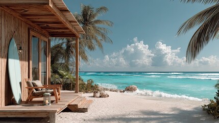 Cozy boho surfer bungalow on the shore of the turquoise ocean, beautiful traveling background, beach summer vacations, scenic idyllic sea landscape