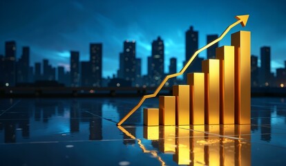 Golden bar graph with an upward arrow, set against a cityscape backdrop at night.