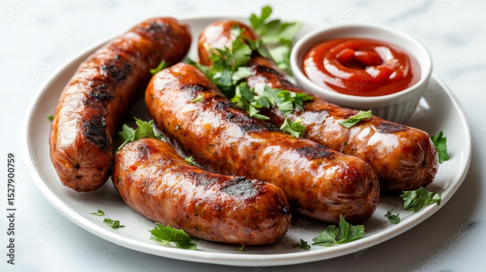 Poster A minimalist presentation of sausages arranged neatly on a white plate, garnished with fresh herbs and accompanied by a small bowl of ketchup on a marble countertop.