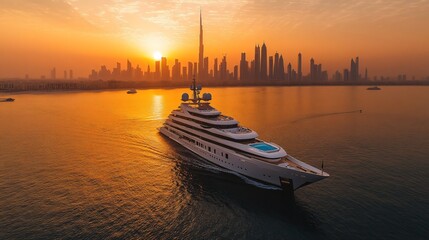 Luxury yacht at sunset on city background
