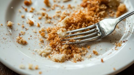 Close-up of a plate with crumbs and a used fork after a meal