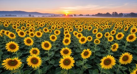 Obraz premium Vast Sunflower Field in Full Bloom at Golden Sunrise with Distant Mountains and Mist