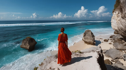 Back of young woman traveler wearing red dress against the background of crystal turquoise ocean water on tropical island coast, enjoy beach vacations and traveling to scenic beautiful destinations