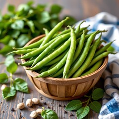 Obraz premium green beans, which are freshly harvested, still attached to their vine, and displayed in a wooden bowl with a blue and white cloth