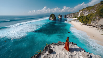 Back of young woman traveler wearing red dress against the background of crystal turquoise ocean water on tropical island coast, enjoy beach vacations and traveling to scenic beautiful destinations