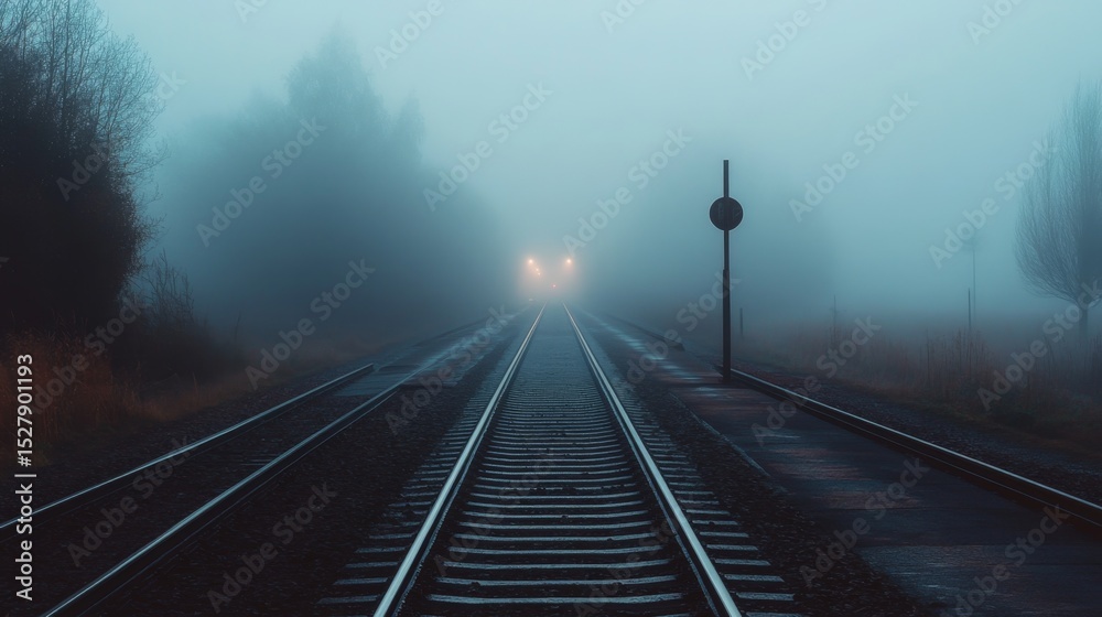 Poster a misty morning scene with train tracks disappearing into the fog, creating a mysterious mood