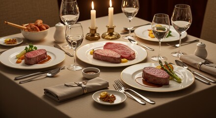 Fototapeta premium Romantic Fine Dining Steak Dinner - Candlelit table set for two with delicious steak dinners, showcasing a luxurious and intimate dining experience
