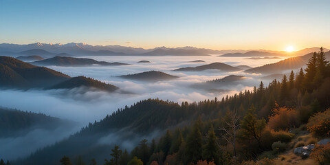 Fototapeta premium Misty Highland Valley Sunrise: Aerial View of Rolling Hills and Peaks