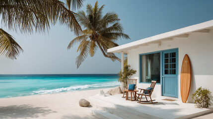 Cozy boho surfer bungalow on the shore of the turquoise ocean, beautiful traveling background, beach summer vacations, scenic idyllic sea landscape