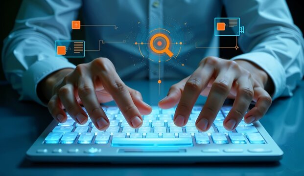 Person typing on a glowing keyboard with digital search interface overlay
