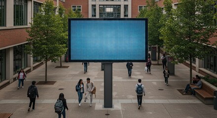 Students walk through a courtyard past a large digital billboard on a sunny day