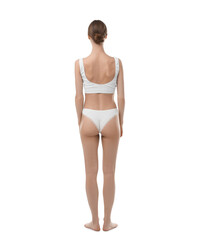 Fototapeta premium Woman wearing beautiful underwear on white background, back view