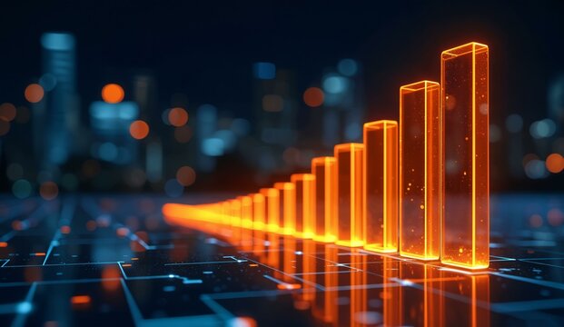 Glowing orange bar graph ascending on a futuristic grid with a cityscape background - Powered by Adobe