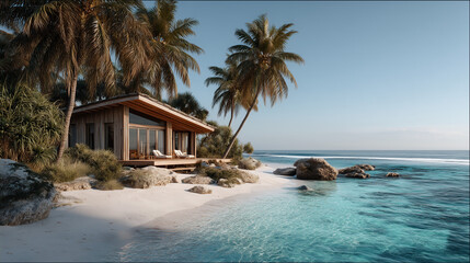 Cozy boho surfer bungalow on the shore of the turquoise ocean, beautiful traveling background, beach summer vacations, scenic idyllic sea landscape