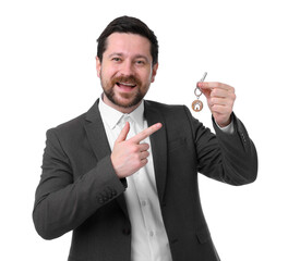 Real estate agent holding key with house shaped keychain on white background