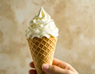 Lody w rożku trzymane w ręku na tle muru
