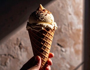 Lody w rożku trzymane w ręku na tle muru
