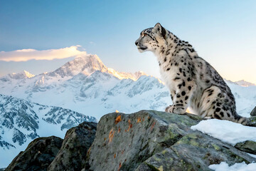 Fototapeta premium Snow Leopard Perched on Rocky Outcrop Against Majestic Snowy Mountain Range at Dawn. A Portrait of Wild Beauty. 