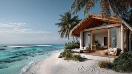 Cozy boho surfer bungalow on the shore of the turquoise ocean, beautiful traveling background, beach summer vacations, scenic idyllic sea landscape