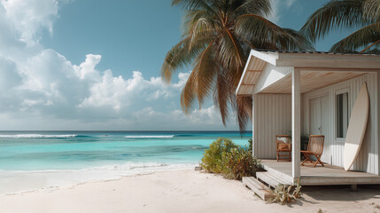 Cozy boho surfer bungalow on the shore of the turquoise ocean, beautiful traveling background, beach summer vacations, scenic idyllic sea landscape
