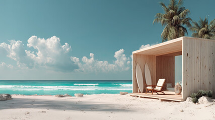Cozy boho surfer bungalow on the shore of the turquoise ocean, beautiful traveling background, beach summer vacations, scenic idyllic sea landscape