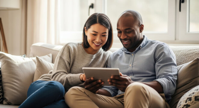 Happy multi-ethnic couple using digital tablet on sofa at home. Smiling diverse partners, an asian woman and black man, browsing internet, shopping online or watching a video.