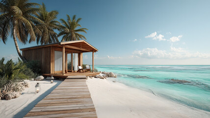 Cozy boho surfer bungalow on the shore of the turquoise ocean, beautiful traveling background, beach summer vacations, scenic idyllic sea landscape