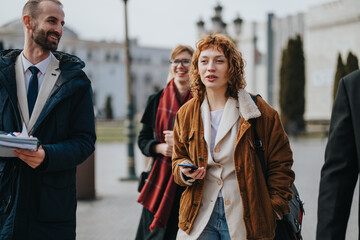 A group of professionals walking outdoors, engaging in enthusiastic conversations.