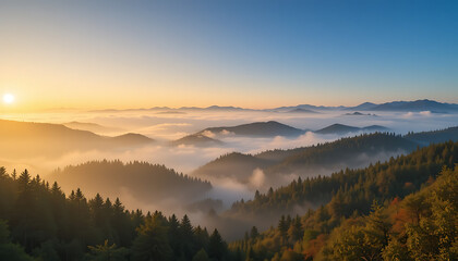 Obraz premium Misty Highland Valley Sunrise: Aerial View of Rolling Hills and Peaks