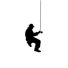 Obraz premium a black silhouette of a fisherman holding a fishing rod black, fisherman, fishing rod, hold, man, rope, silhouette, swinge , Generative art.