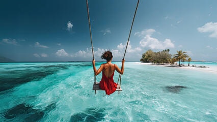 Happy free carefree woman traveler wearing red dress rides on swing over turquoise sea water. Journey to beautiful destinations and enjoying scenic idyllic beach vacations