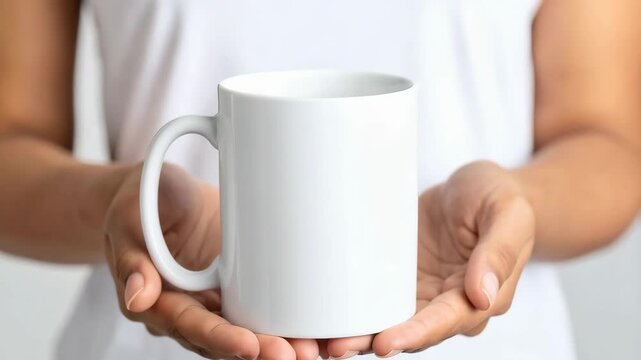 Person holding a white ceramic mug with two hands, displaying a clean, undecorated surface ready for customization in a bright studio setting.