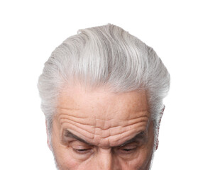 Man with silver hair on white background, closeup