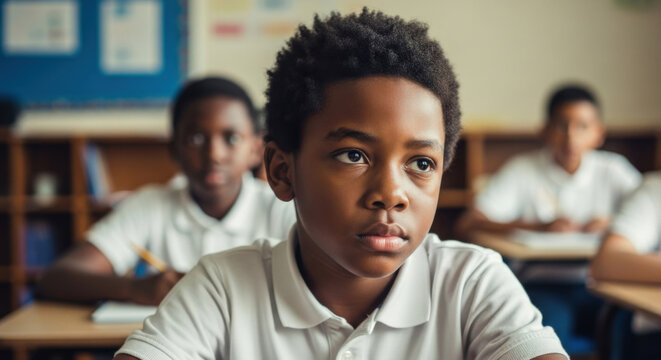 Pensive African American school boy thinking deeply during lesson in a classroom. Thoughtful elementary student concentrating, lost in thought. Concept of learning and childhood. - Powered by Adobe