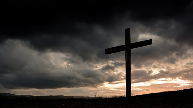 A simple wooden cross silhouetted against a dark and stormy sky, signifying the unshakable foundation of faith even in the midst of turmoil.