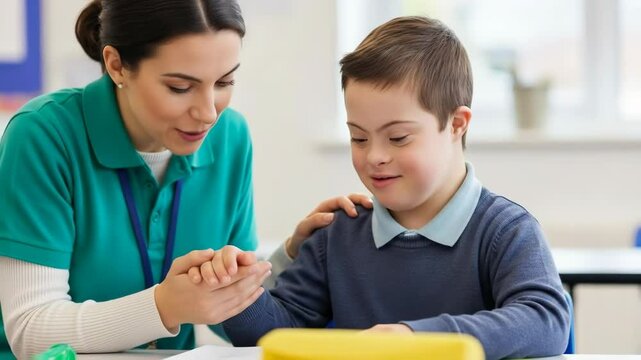 Healthcare worker examining caucasian boy down syndrome. Medical professional providing care special needs child. Inclusive healthcare disability support services therapy