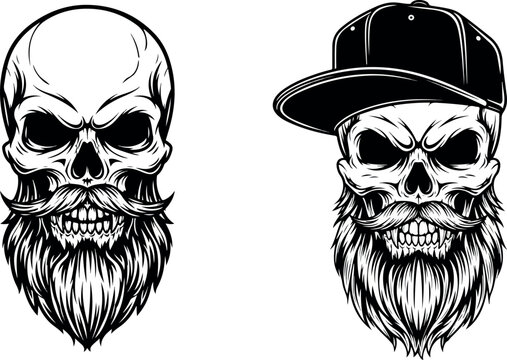 Bearded Skull with Snapback Hat Illustration - Monochrome Hipster Skull Vector Art for Apparel And Design.